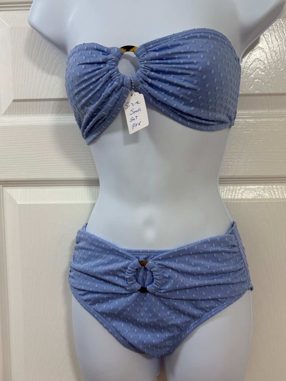 Cabana del Sol light blue bandeau bikini set features a textured dot